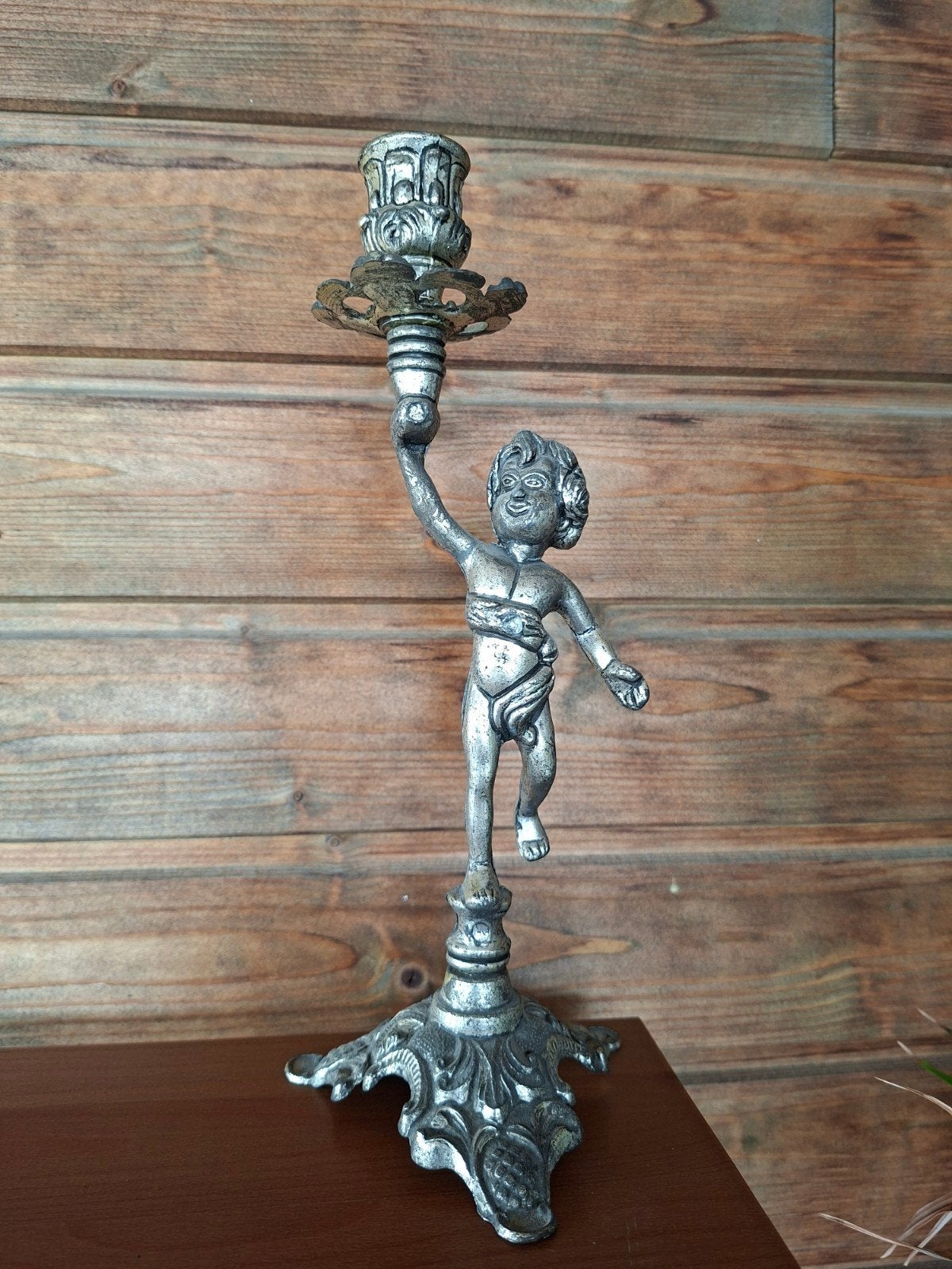 Vintage messing cherubijn kandelaar (art-nouveau), Antiek en Kunst, Ophalen of Verzenden