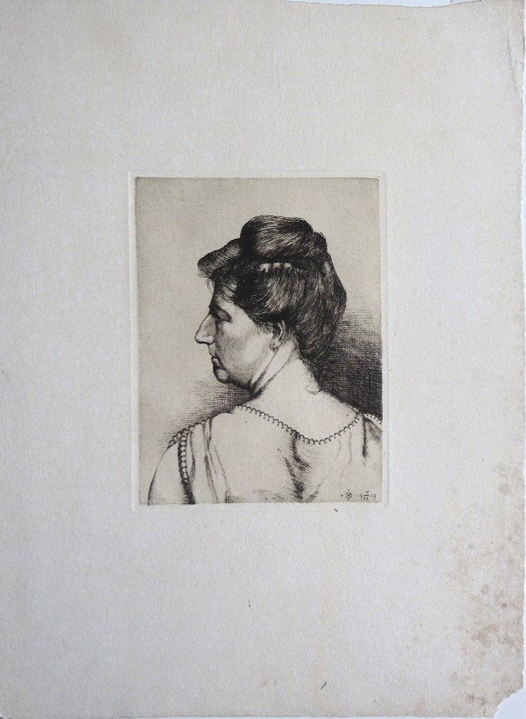 Monogram VO ets "Profielportret Vrouw", 1909, Eau-forte, Enlèvement, Portrait, Original