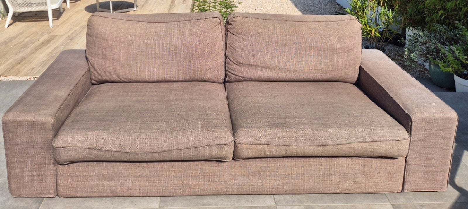 Bruine zetel 2m25 lengte, diepte 90 cm, Ophalen, Gebruikt, Rechte bank