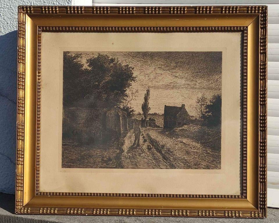 Gravure signe Victor dieu, Antiquités & Art, Enlèvement ou Envoi, Paysage, Gravure