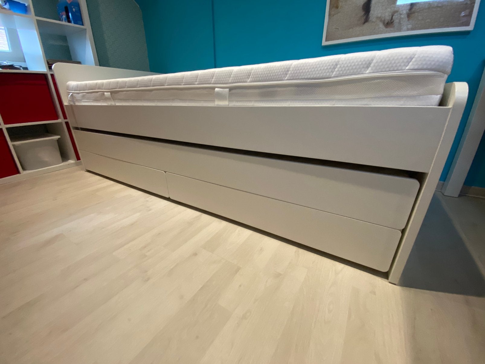 IKEA SLÄKT bedframe met onderbed en opberger, Ophalen, 90 cm, Eenpersoons, Wit