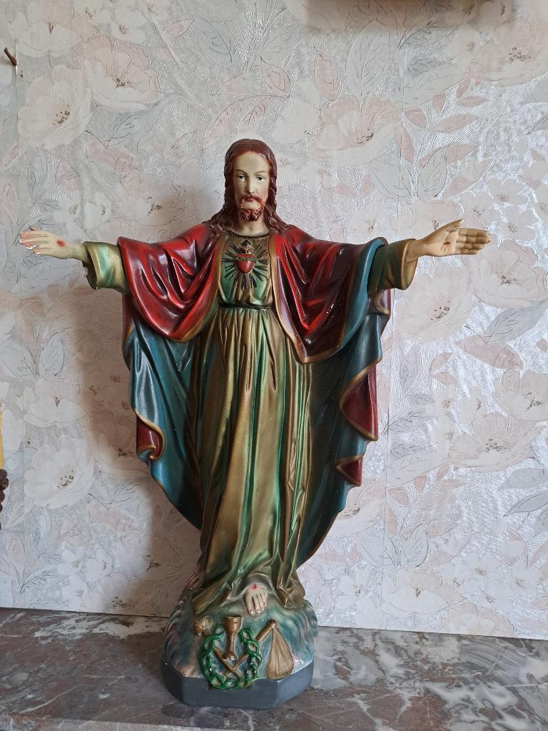 Antiek gipsen beeld van Jezus met TWEE LINKER  handen, Ophalen