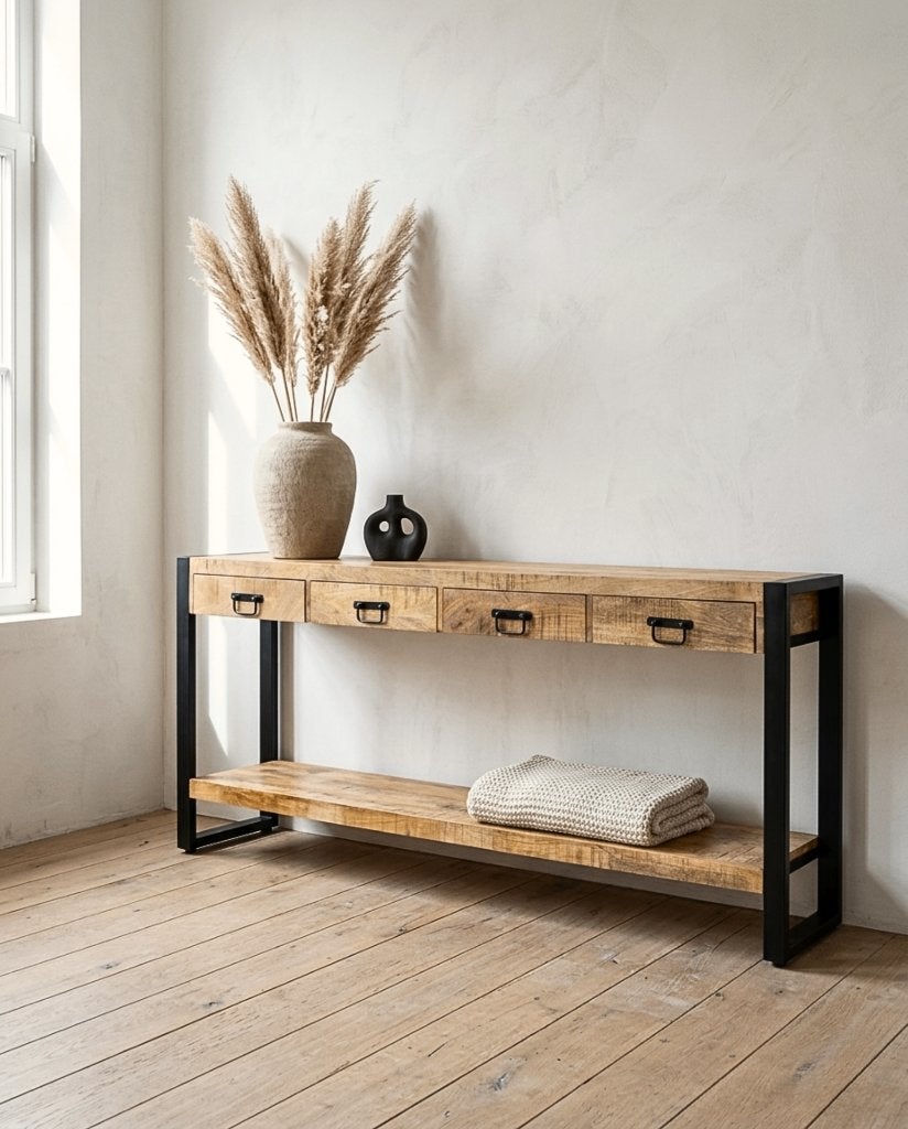 Sidetable mango hout + staal zwart — 3 maten — nieuw, Huis en Inrichting, Ophalen, 100 tot 150 cm, Nieuw, Overige houtsoorten