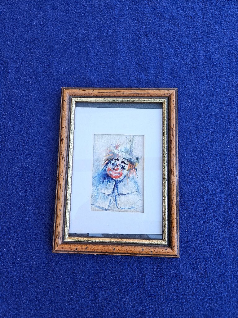 Portrait de clown peint à la main dans un cadre en bois, Enlèvement, Comme neuf, Peinture, Création originale