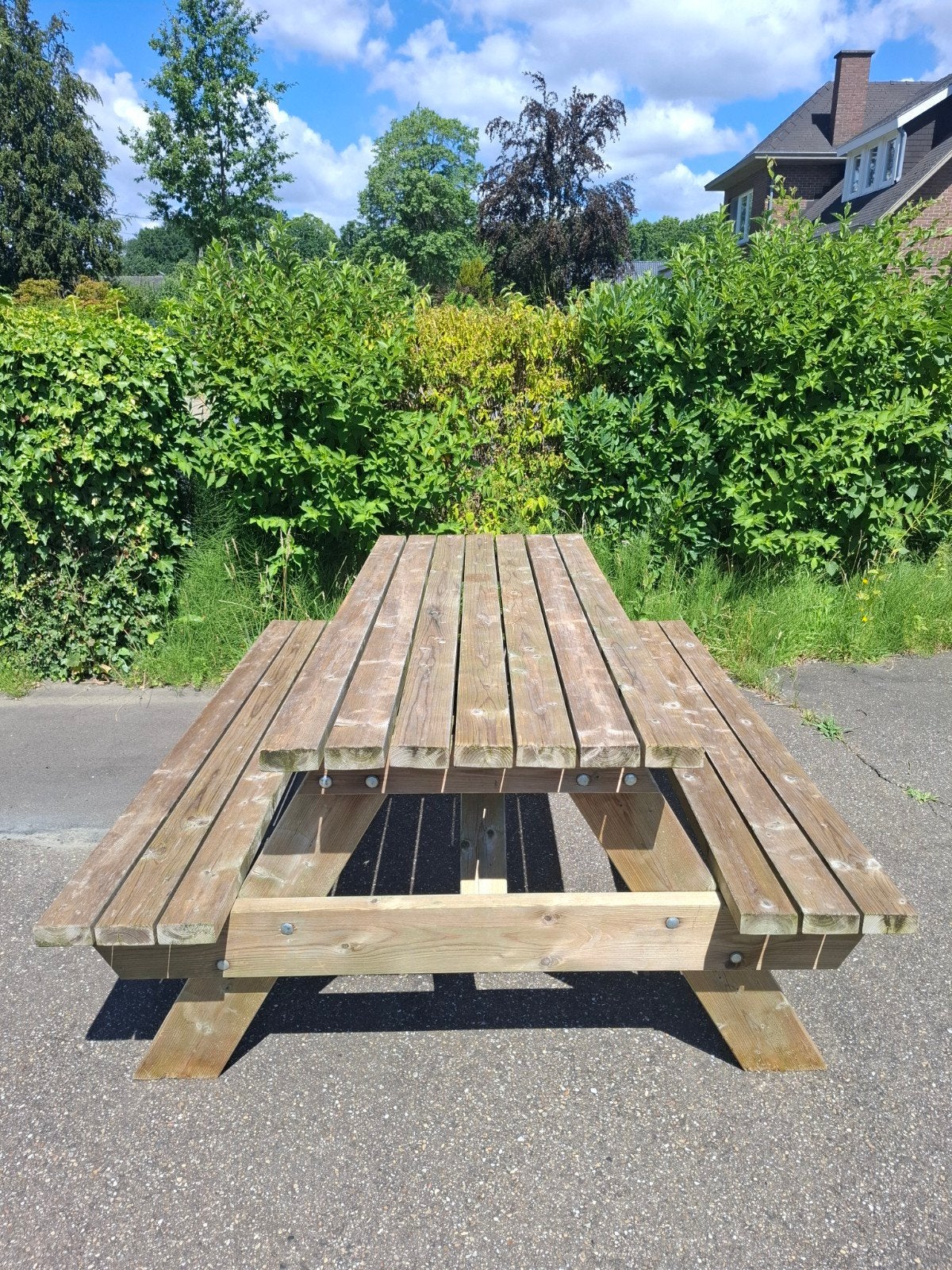 Massieve picknicktafel, stevig en zwaar!, Ophalen, Zo goed als nieuw, Rechthoekig, Hout