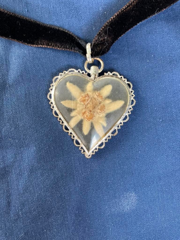 Vintage ketting met hartvormige hanger en gedroogde bloem, Bijoux, Sacs & Beauté, Colliers, Enlèvement, Comme neuf, Noir