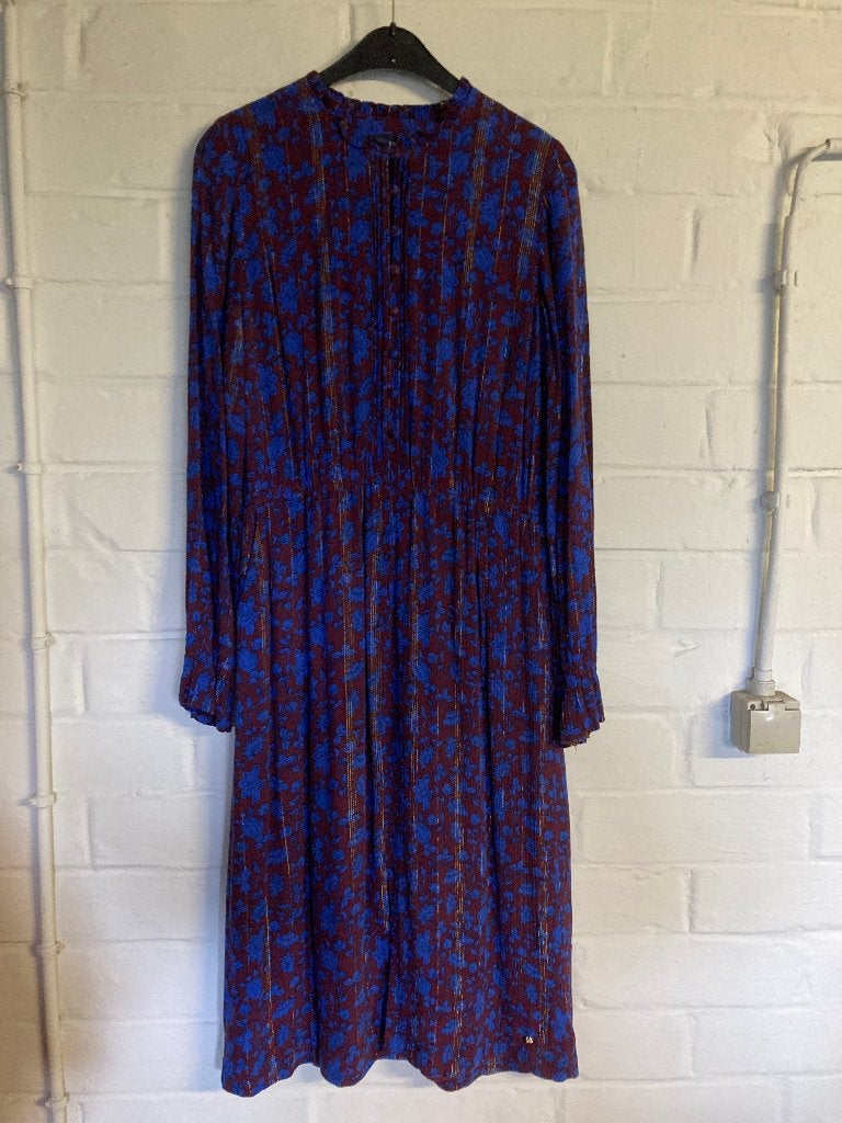 Blauw met bordeaux lang kleed lange mouwen, Terre Bleue, 40, Kleding | Dames, Jurken, Maat 38/40 (M), Ophalen of Verzenden, Zo goed als nieuw