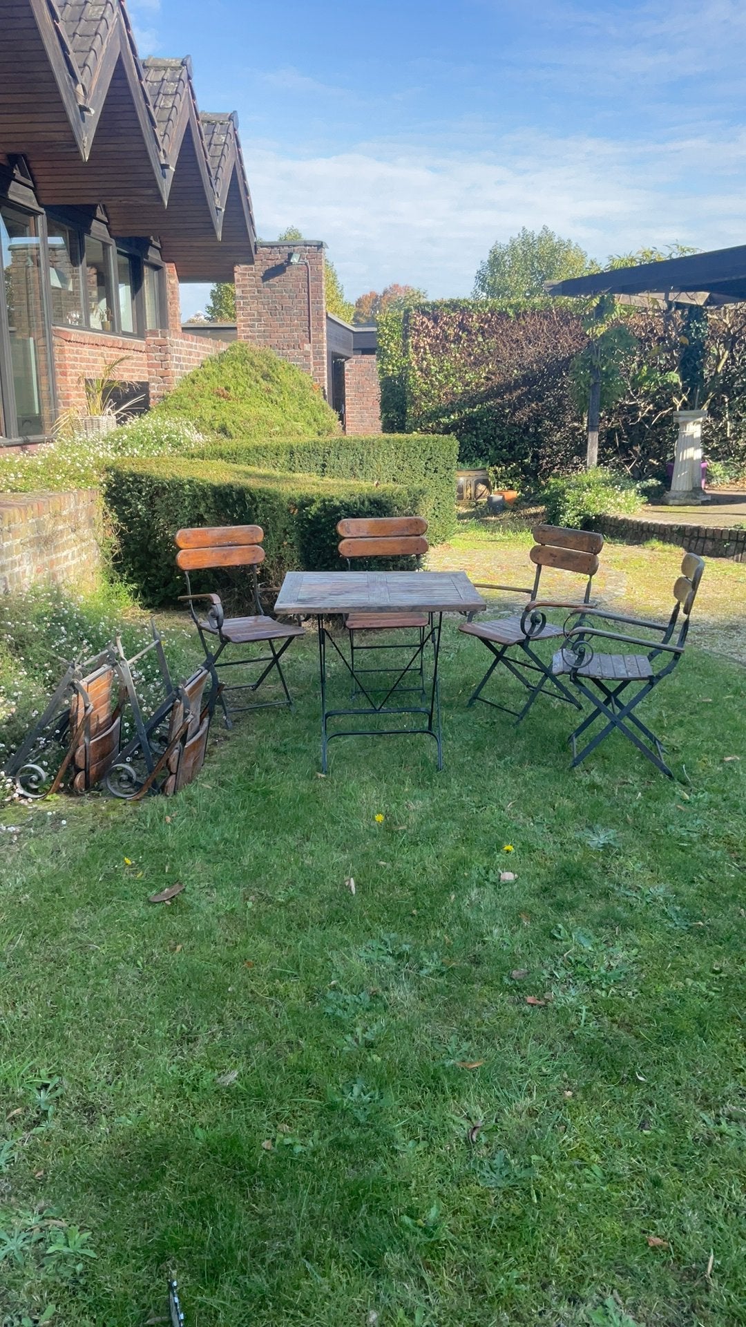 6 antieke tuinstoelen + tafel, Tuin en Terras, Ophalen, Gebruikt, 6 zitplaatsen, Tuinset