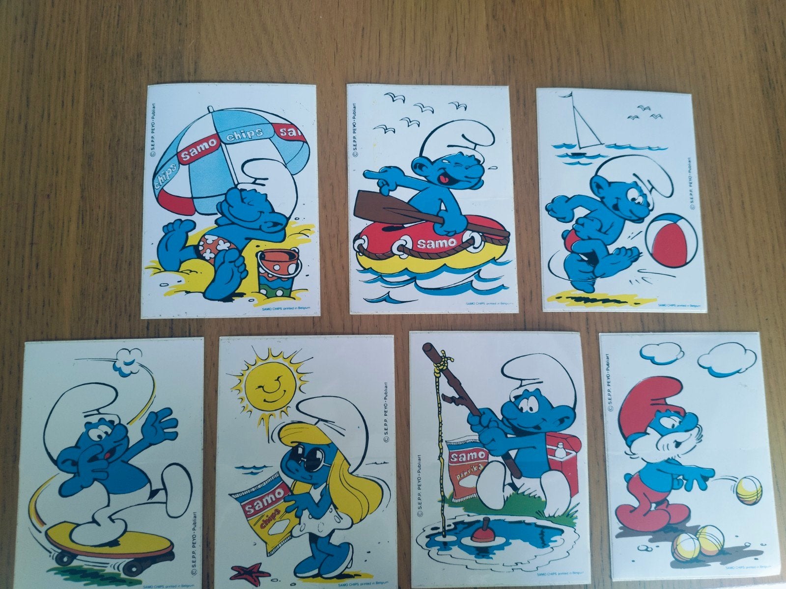 7 oude stickers SAMO chips De smurfen, Ophalen of Verzenden