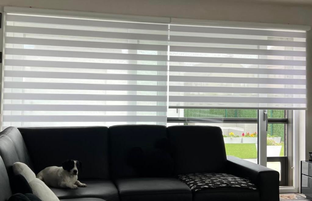 Duo Rolgordijnen Decosol-Somfy, Huis en Inrichting, Stoffering | Gordijnen en Lamellen, Ophalen, Gebruikt, Tijdloos en modern