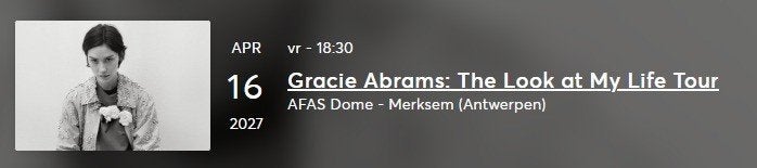 2  concerttickets  Gracie Abrams, Musique & Instruments, Enlèvement ou Envoi, Neuf