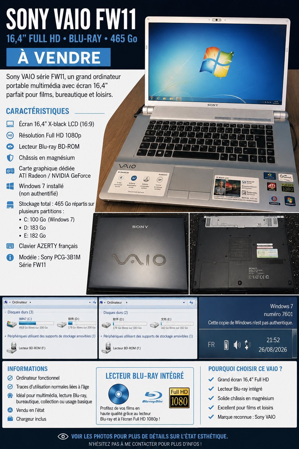 Ancien PC SONY VAIO FW11 16,4 voir photos et description, Informatique & Logiciels, Enlèvement ou Envoi, Utilisé, Azerty