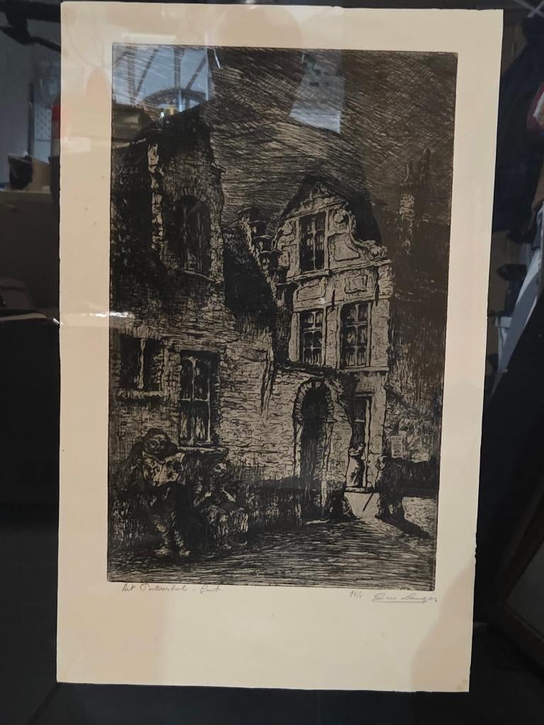 G. Langie: 'Het Patershol', ets, Gentse kunstenaar, Ophalen of Verzenden