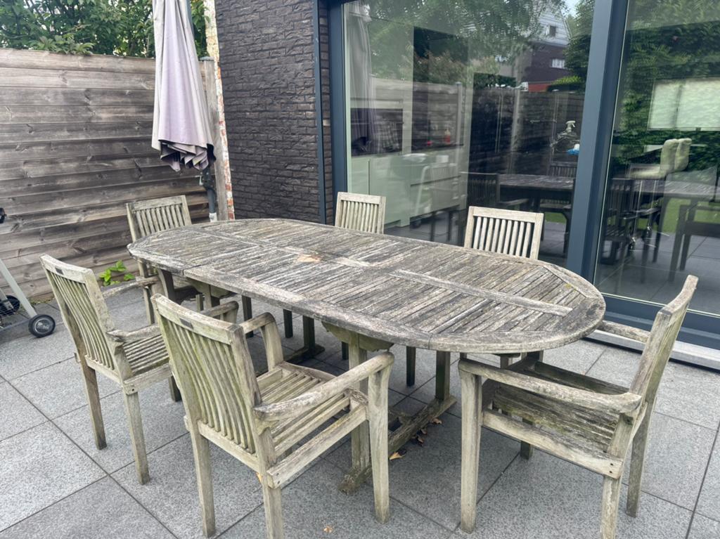 Tafel + 6 stoelen teak, Tuin en Terras, Tuinsets en Loungesets, Gebruikt, Tuinset, Ophalen