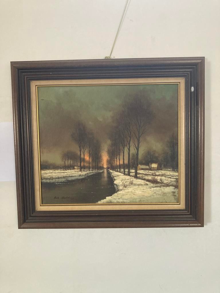Gesigneerd schilderij 100x85 cm donker kader, Antiek en Kunst, Ophalen