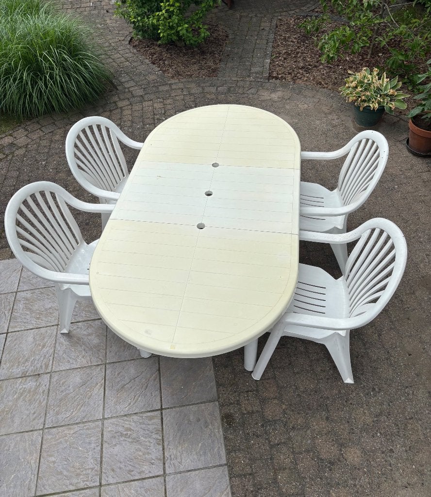 Tuintafel met 6 bijhorende stoelen, Tuin en Terras, Ophalen, Gebruikt, Ovaal, Plastic
