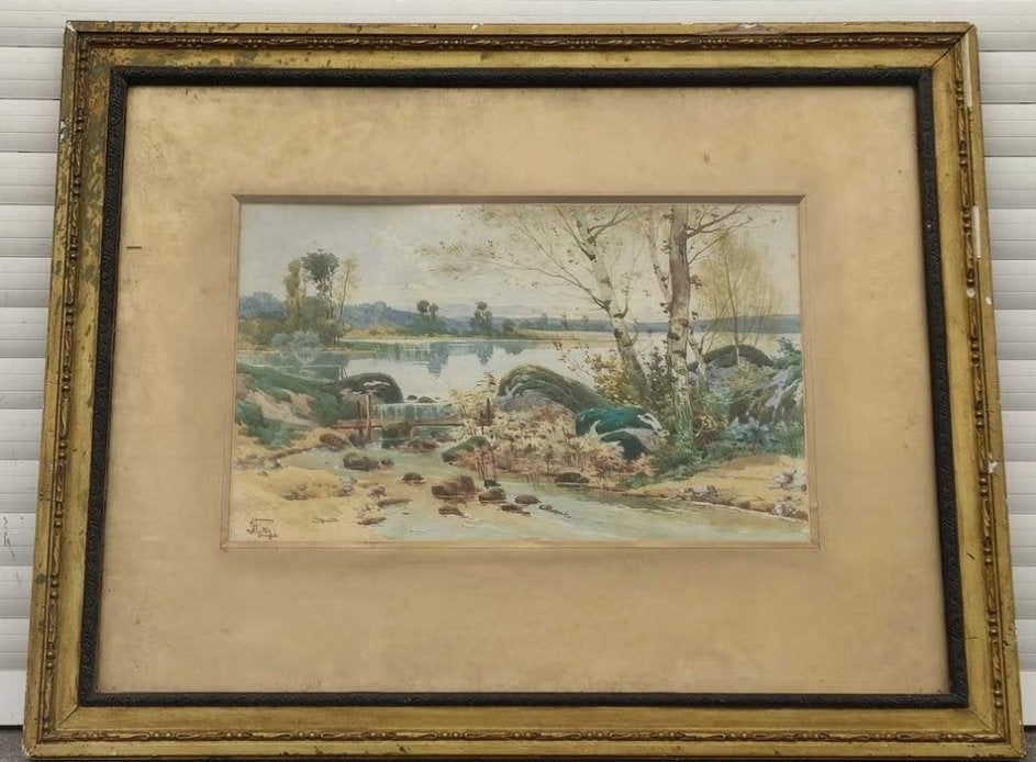 aquarelle paysage signe, Antiquités & Art, Enlèvement ou Envoi, Aquarelle, Paysage