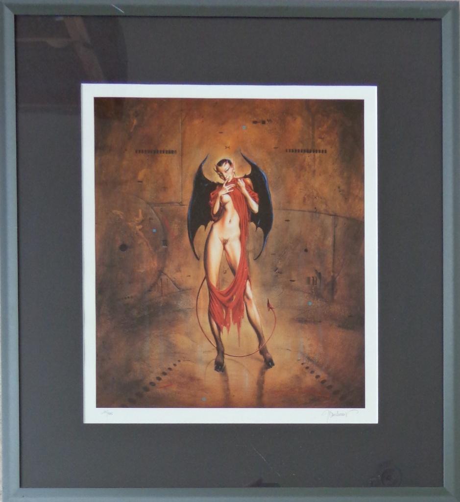 JAN BOSSCHAERT / DUIVELS NAAKT / KLEURZEEFDRUK 65x59cm KADER, Antiquités & Art, Enlèvement ou Envoi