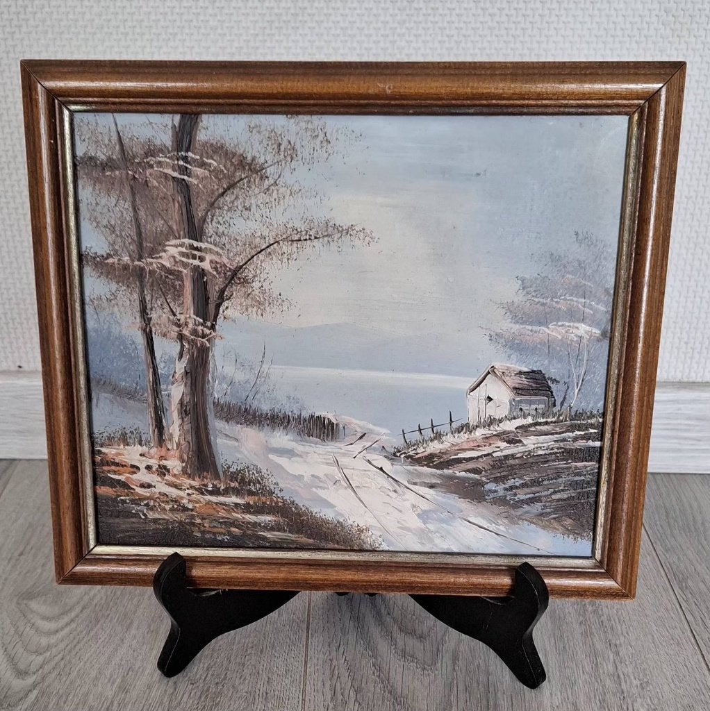 Sfeervol winters schilderij in houten lijst – incl standaard, Antiquités & Art, Peinture à l'huile, Panneau, Paysage, Enlèvement