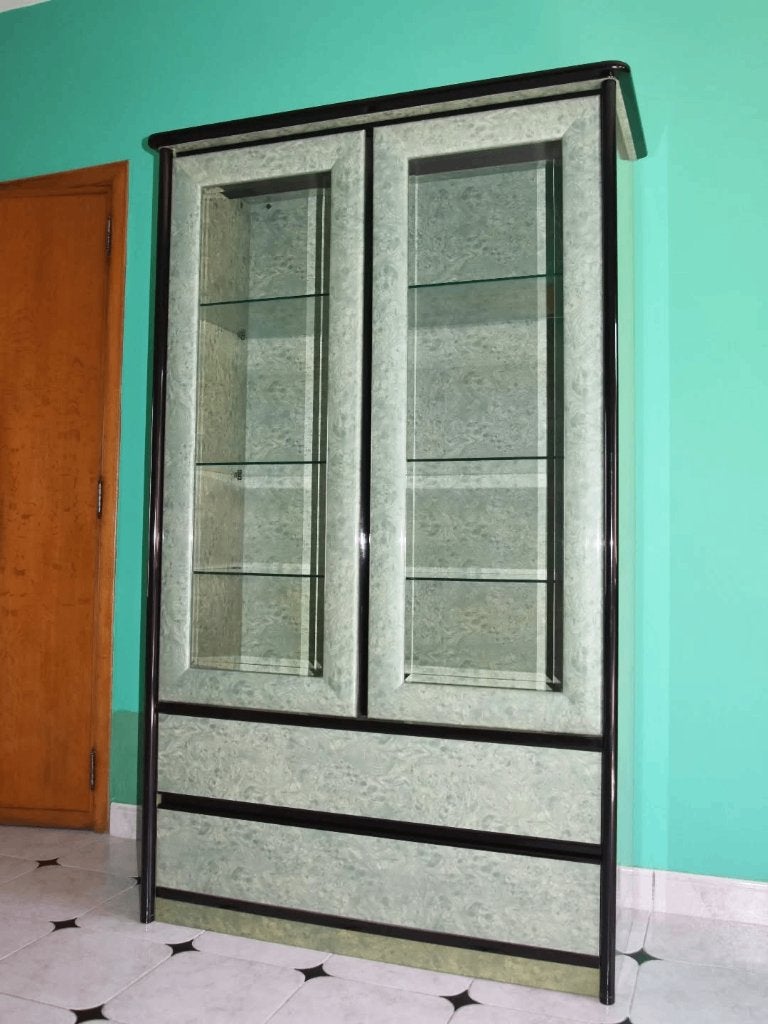Meuble vitrine rétro vert laqué avec éclairage, Maison & Meubles, 25 à 50 cm, Comme neuf, 100 à 150 cm, Verre