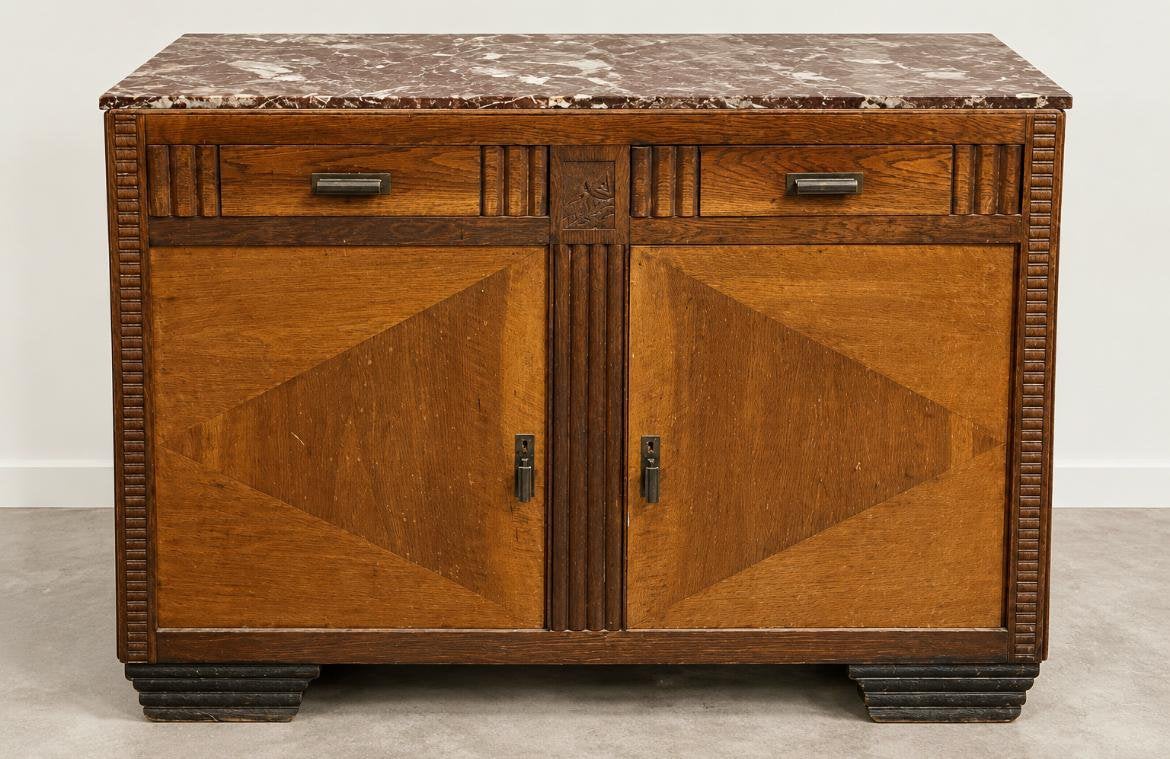Vintage Art Deco dressoir met rood marmeren blad – 120 cm, Ophalen, Zo goed als nieuw