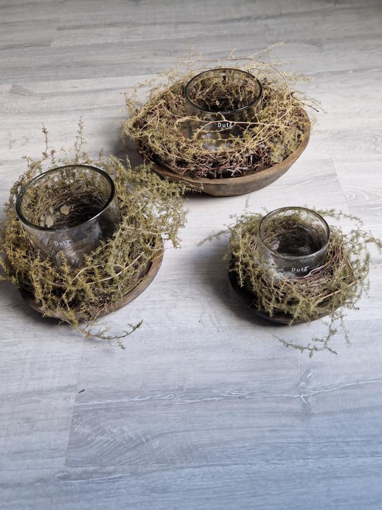 3 x houten schaal, 3 x glas vr windlicht en asparagus, Neuf, Verre, Campagnard, Enlèvement