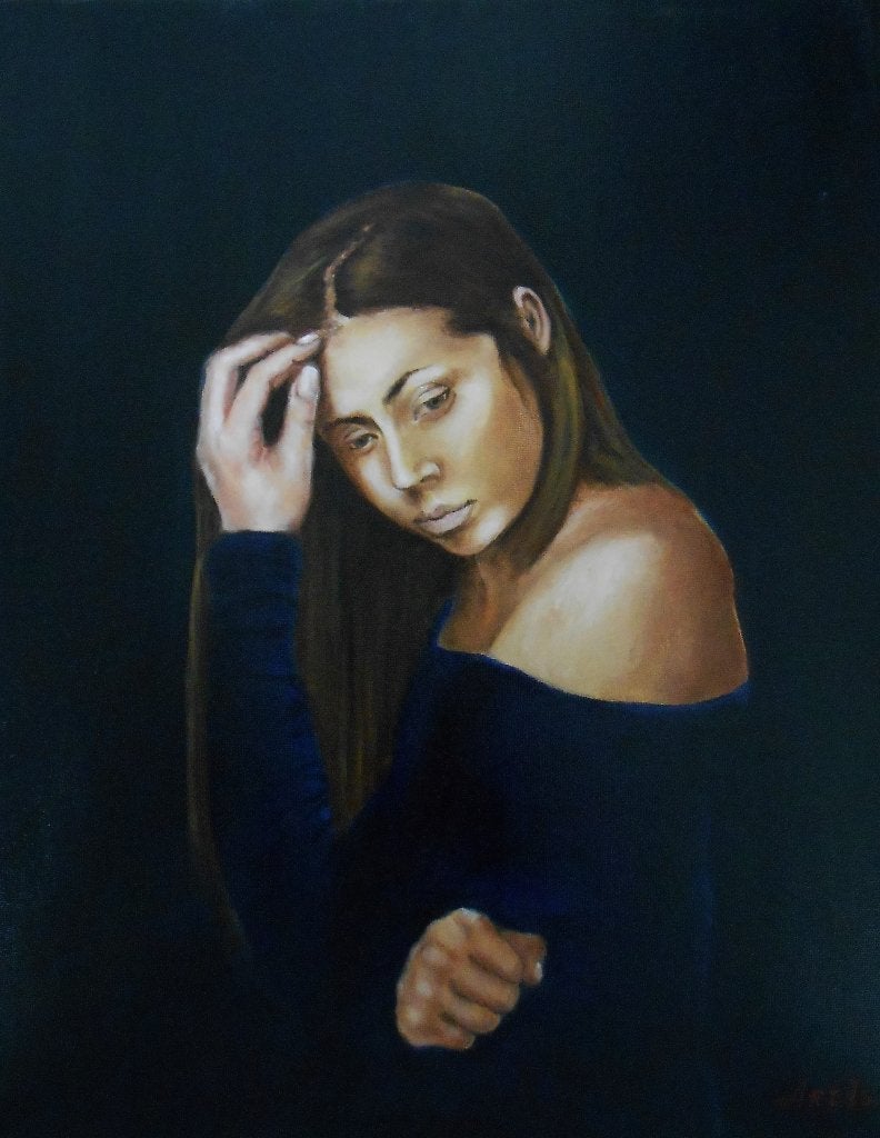 Peinture « Ma chère Lisa », Antiquités & Art, Textile, Peinture à l'huile, Portrait, Sur cadre en bois
