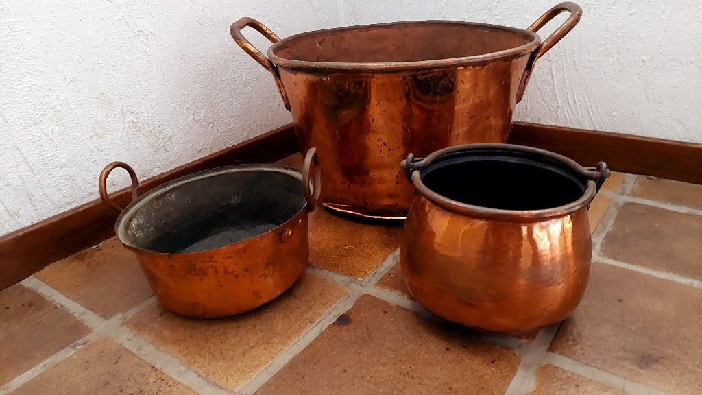 Ensemble de 3 pots et bouilloires en laiton antique Vintage, Enlèvement, Cuivre