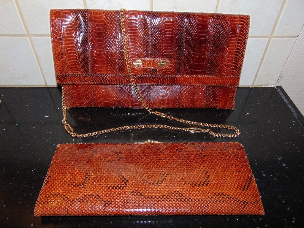 Vintage handtas en clutch in slang Luis Esteve, Ophalen of Verzenden, Gebruikt, Bruin, Handtas