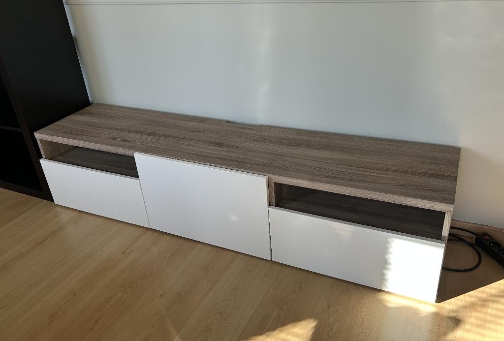 Ikea tv meubel Besta (hoogglans wit met hout), Ophalen, Gebruikt, Overige materialen, 150 tot 200 cm