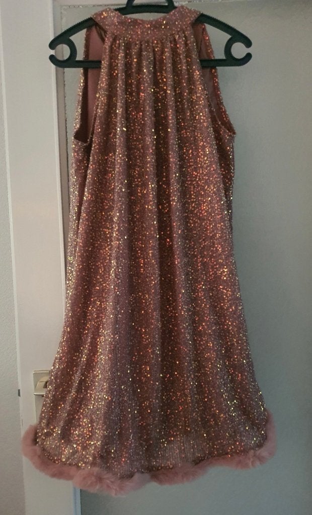 Prachtige Oudroze Glitter Gala/Feestjurk met Bontrand maat:S, Nieuw, Ophalen of Verzenden, Knielengte, Roze