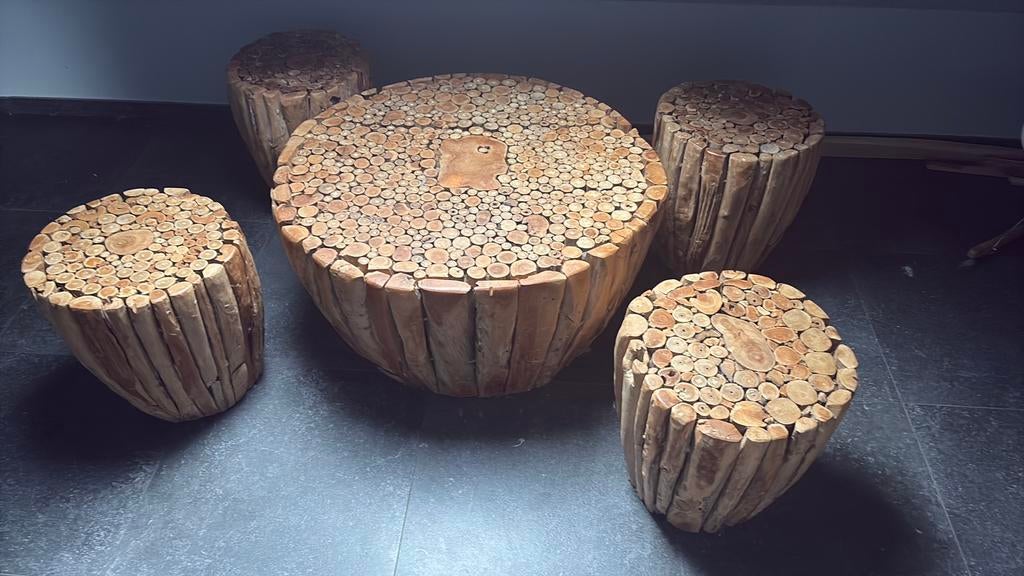 Teak tafel en teak kurken in mooie staat!!, Ophalen, Zo goed als nieuw, Rond, Hout
