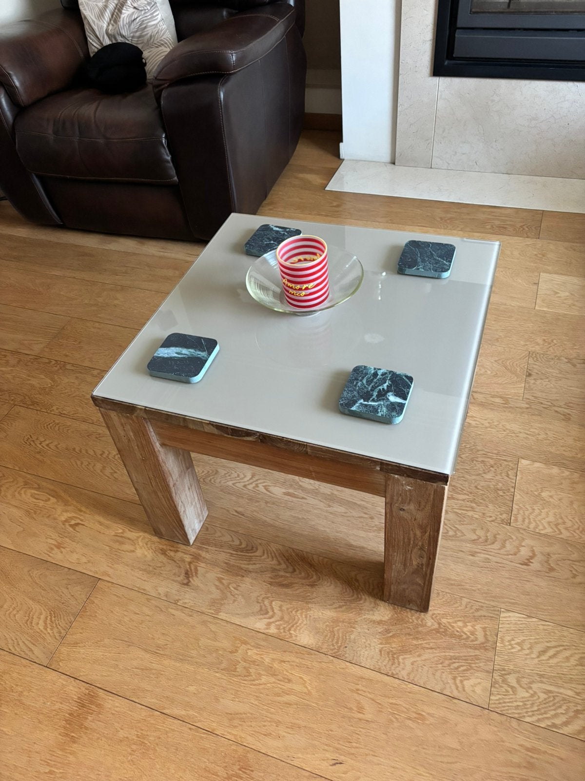 Salon tafel eik met glas, Huis en Inrichting, Tafels | Salontafels, Ophalen, 50 tot 100 cm, Zo goed als nieuw, 5 – 50