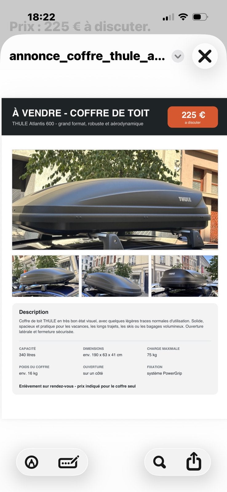 Coffre de toit Thule Atlantis 600 – 340 litres, Autos : Divers, Enlèvement, Comme neuf