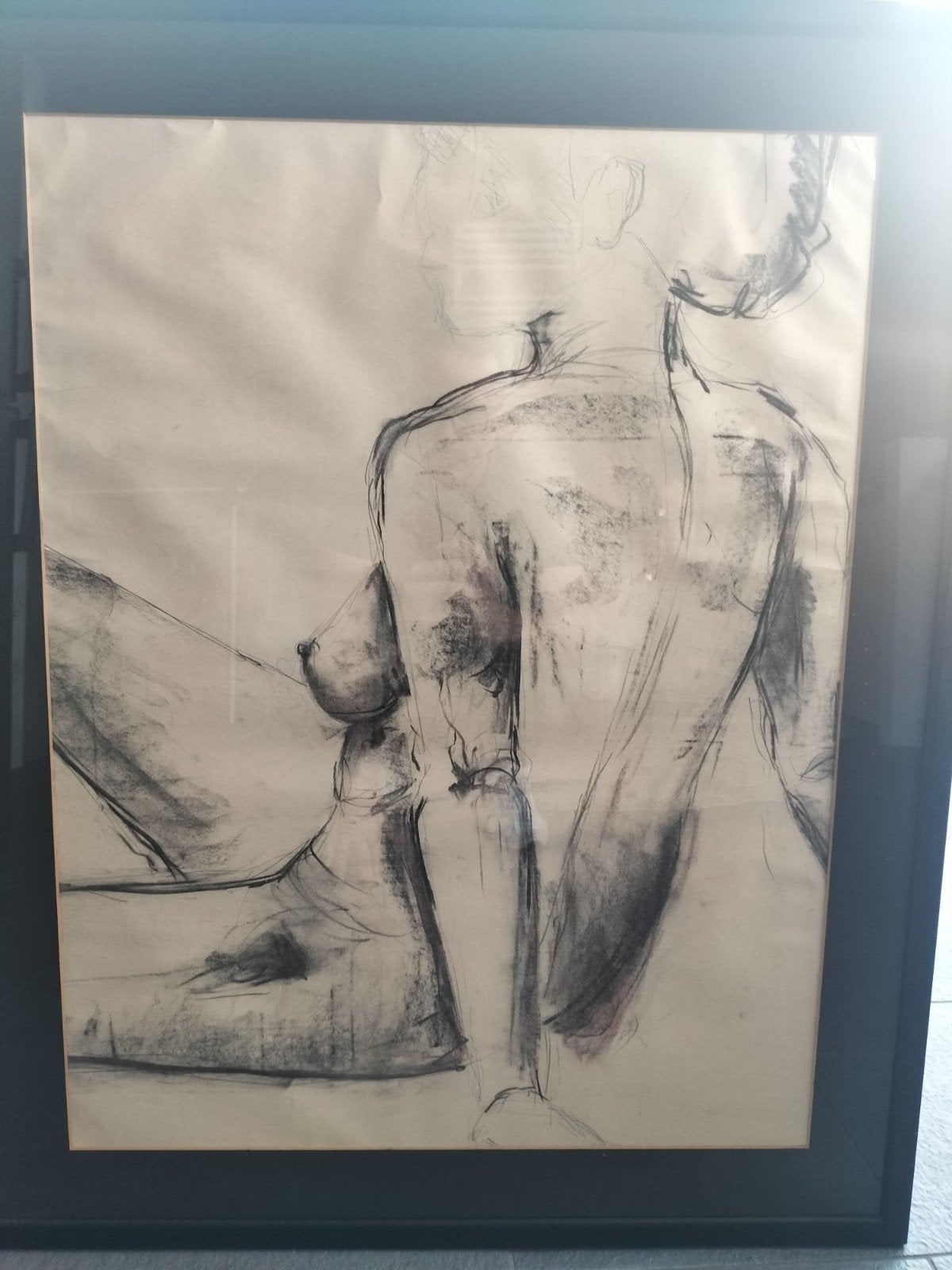 Originele grote naaktstudie–houtskool, potlood & rood krijt, Antiek en Kunst, Ophalen, Tekening, Gemengde techniek, Achter glas