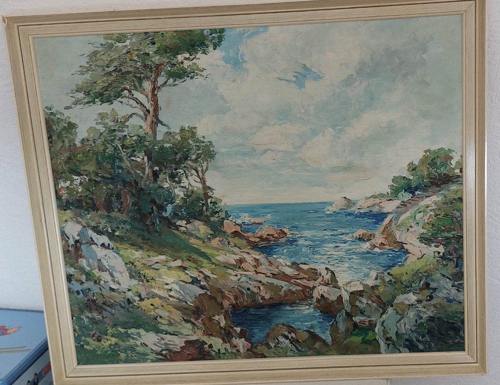tableau huile sur panneau paysage de bord de mer, Antiquités & Art, Enlèvement, Signé, Paysage, Panneau