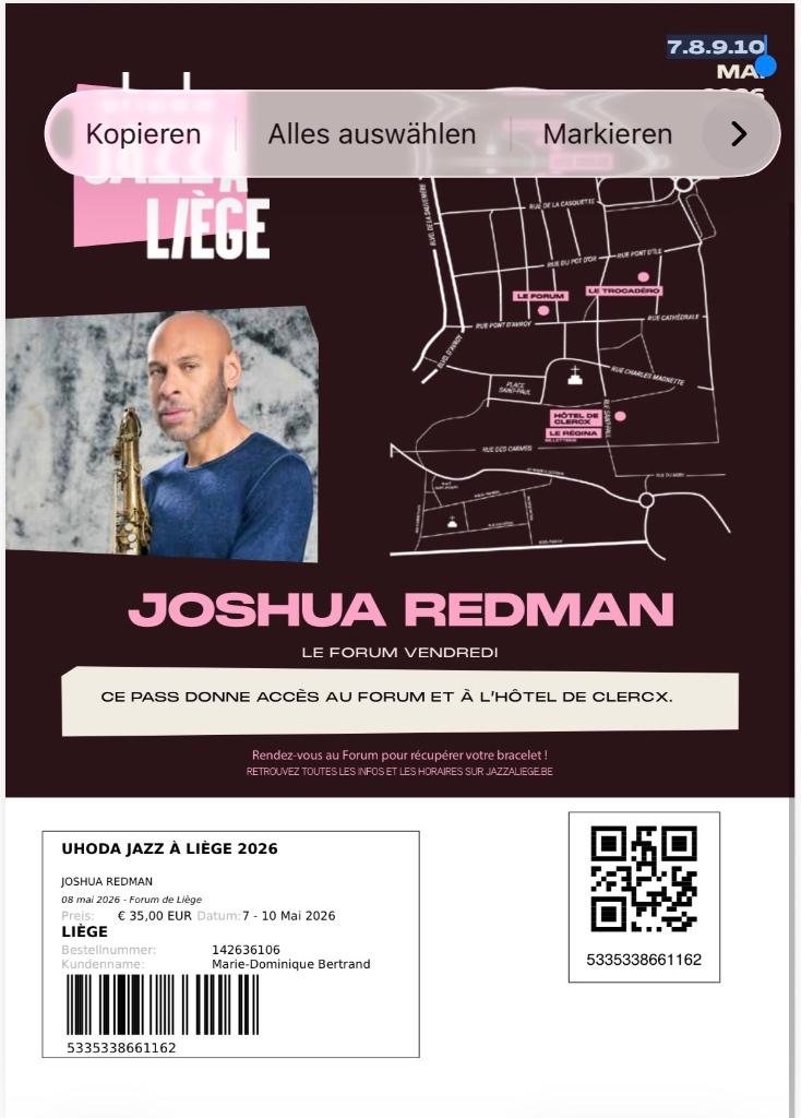 Joshua Redman Uhoda Jazz Liège, Tickets & Billets, Deux personnes, Mai