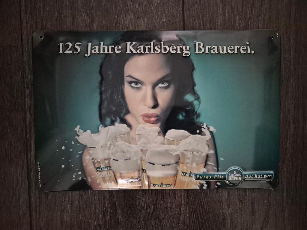 Reclamebord Brouwerij Karlsberg 125 jaar, Verzamelen, Biermerken, Ophalen, Zo goed als nieuw, Reclamebord, Plaat of Schild