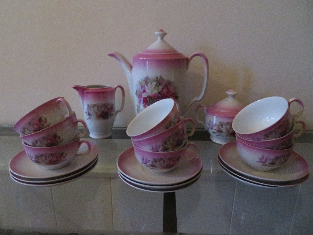 Antiek roze thee servies - koffie servies, Enlèvement ou Envoi