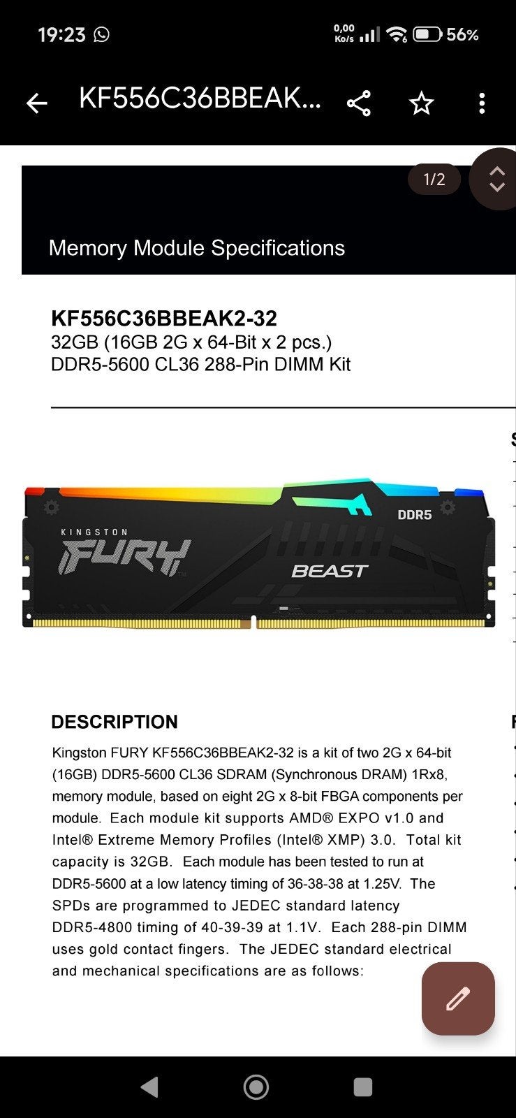 Kingston DDR5-5600 CL36 RGB EXPO 2 x 16 GB, Informatique & Logiciels, Enlèvement ou Envoi, DDR5, 16 GB