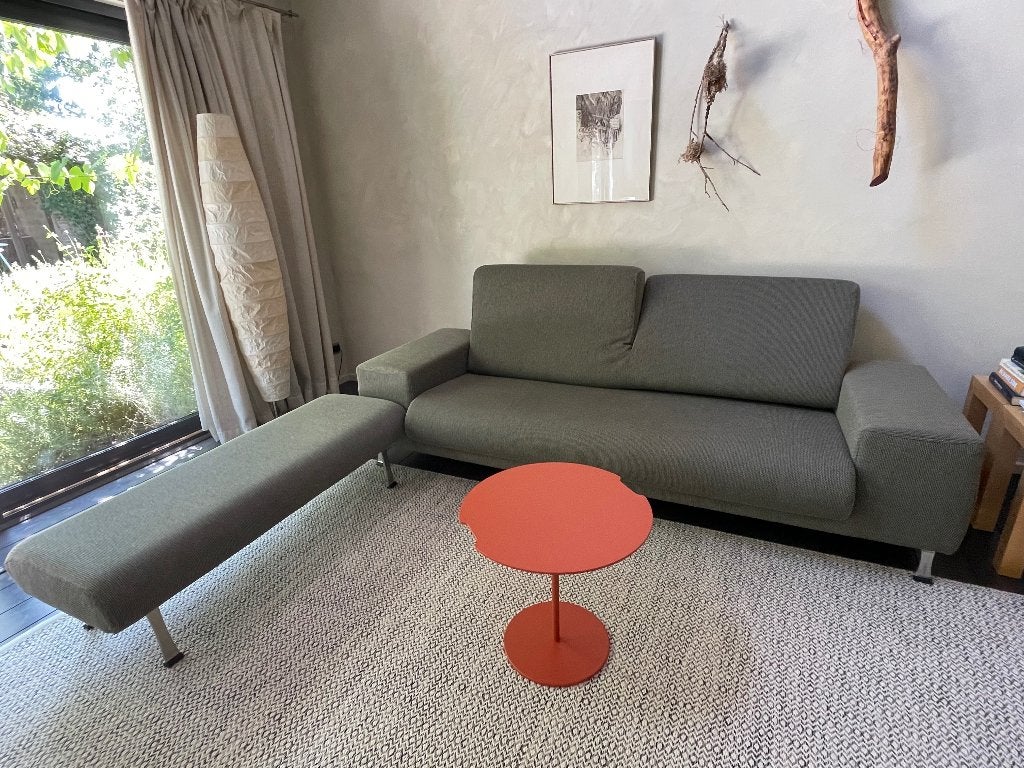Design zitbank met bijhorende voetenbank., Tissus, 200 à 250 cm, Banc droit, Comme neuf