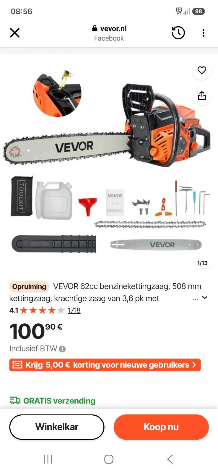 Benzine kettingzaag, Tuin en Terras, Ophalen, Nieuw, Vevor