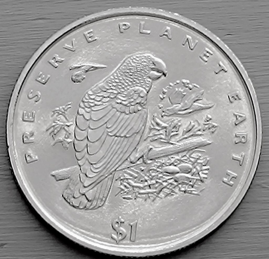 munt Liberia 1 dollar 1996  Afrikaanse Grijze Papegaai, Ophalen of Verzenden