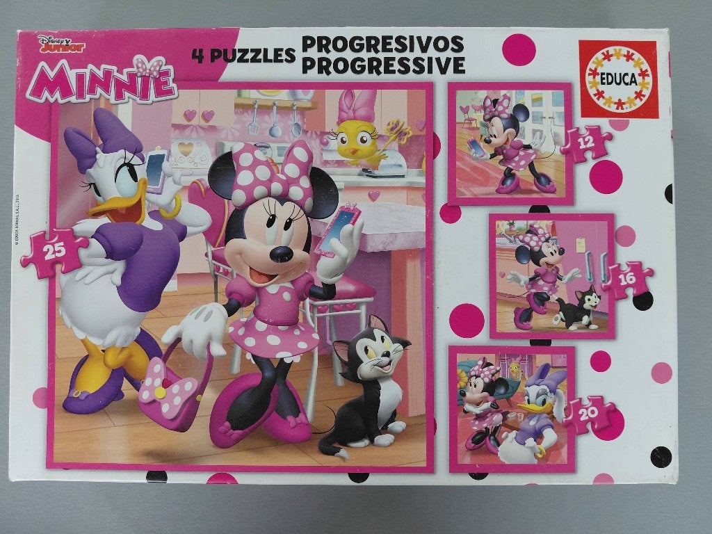 4 progressieve puzzels Educa Disney Minnie, Ophalen of Verzenden, 10 tot 50 stukjes, Zo goed als nieuw, 2 tot 4 jaar