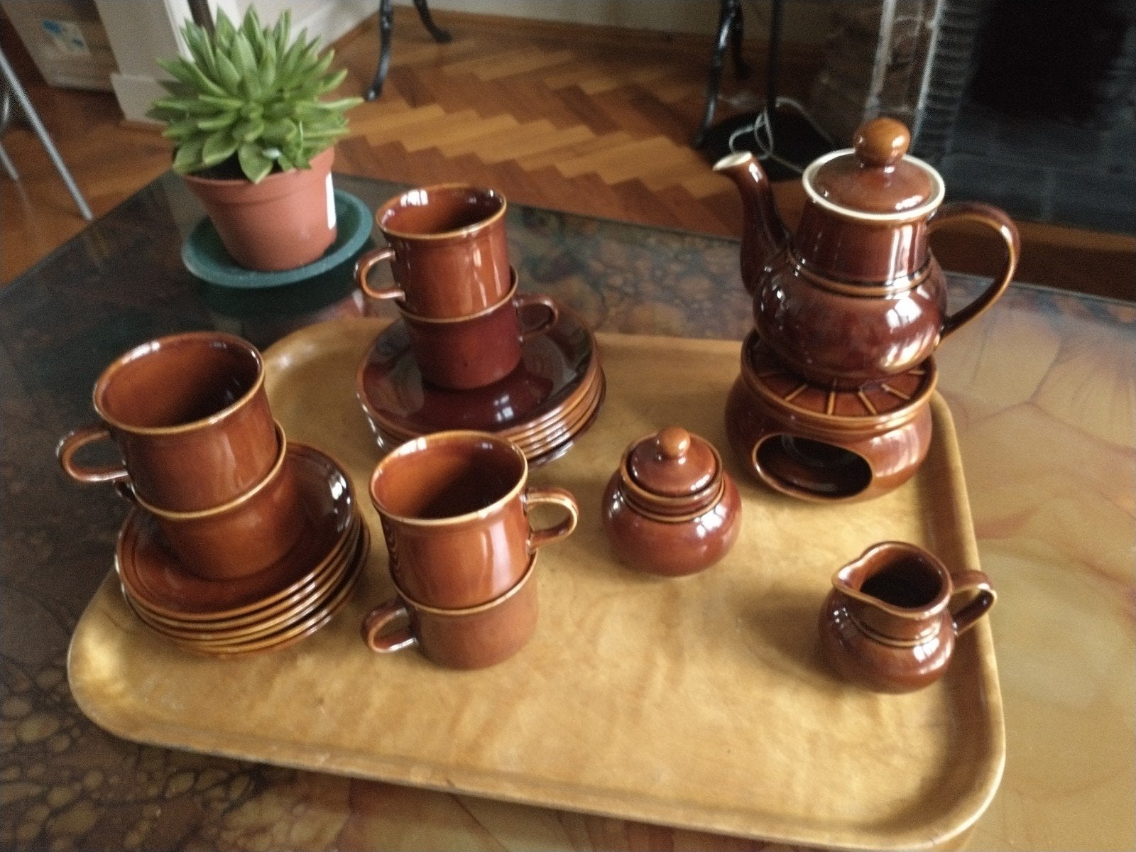 bruin vintage koffie/theeservies 6 personen, Ophalen, Gebruikt, Keramiek, Vintage
