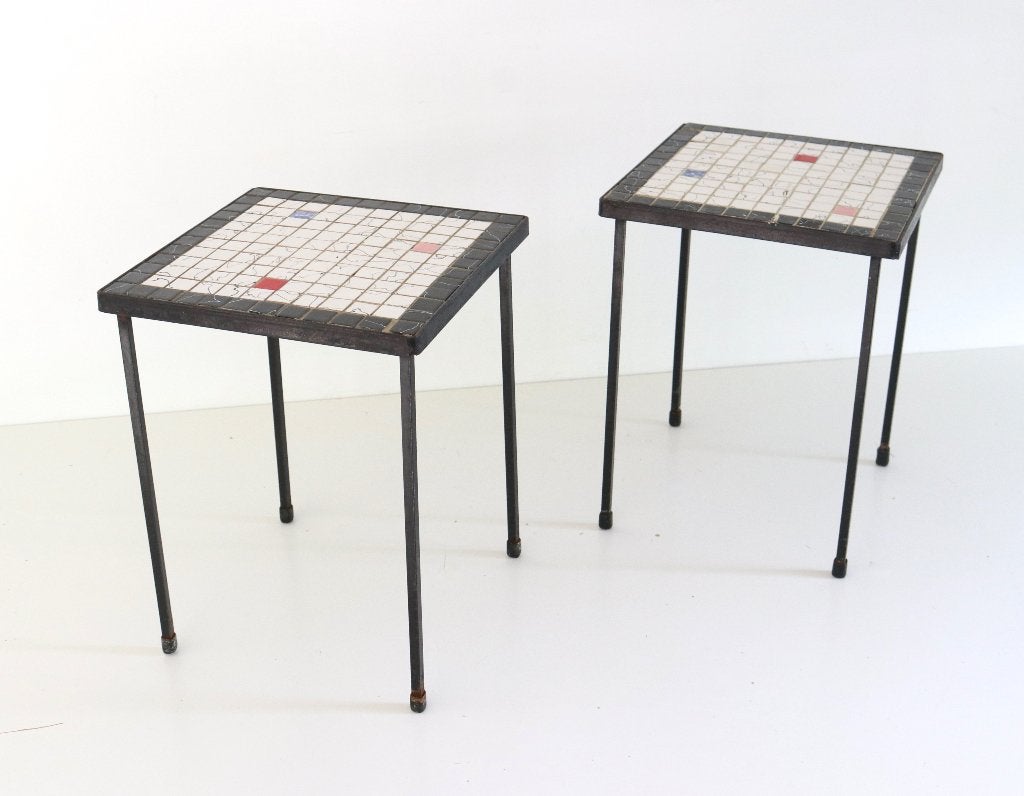 2 vintage bijzettafels van smeedijzer met mozaïekblad, Ophalen of Verzenden