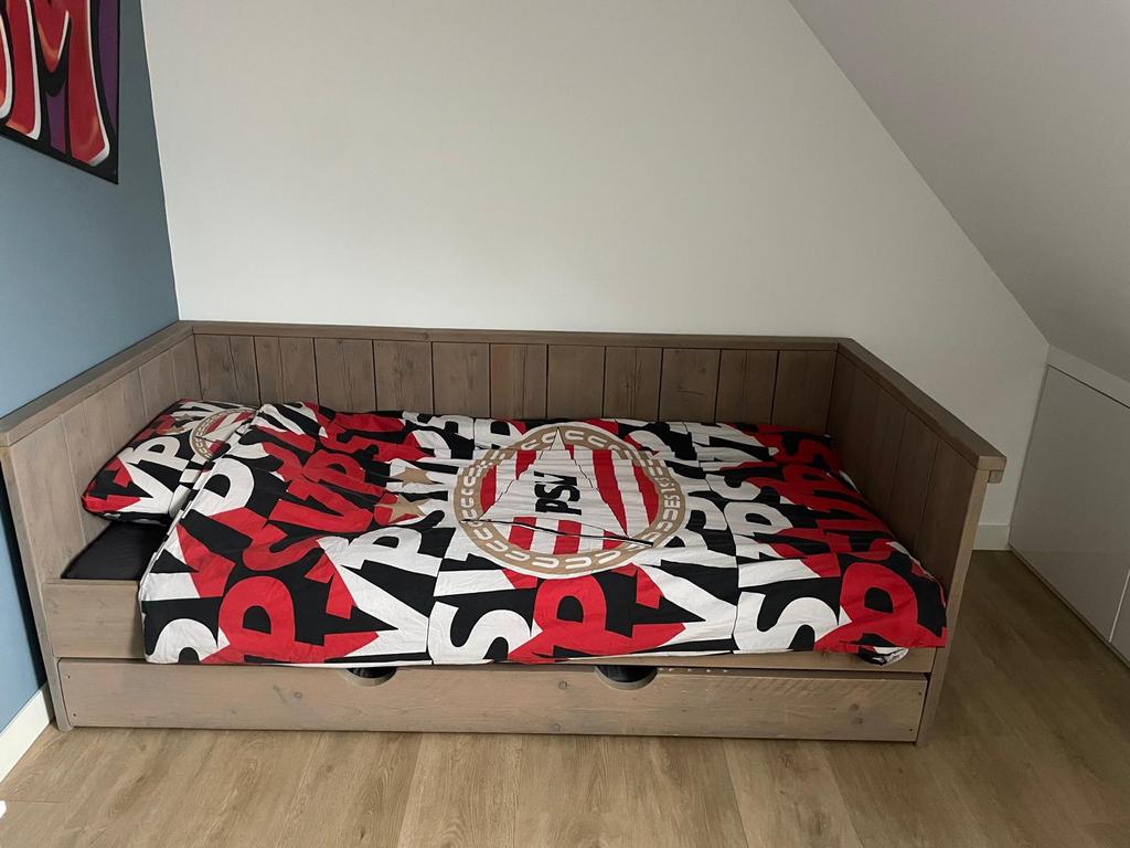 Kajuitbed steigerhout met bedlade, Comme neuf, 180 cm ou plus, 100 cm ou plus, Enlèvement