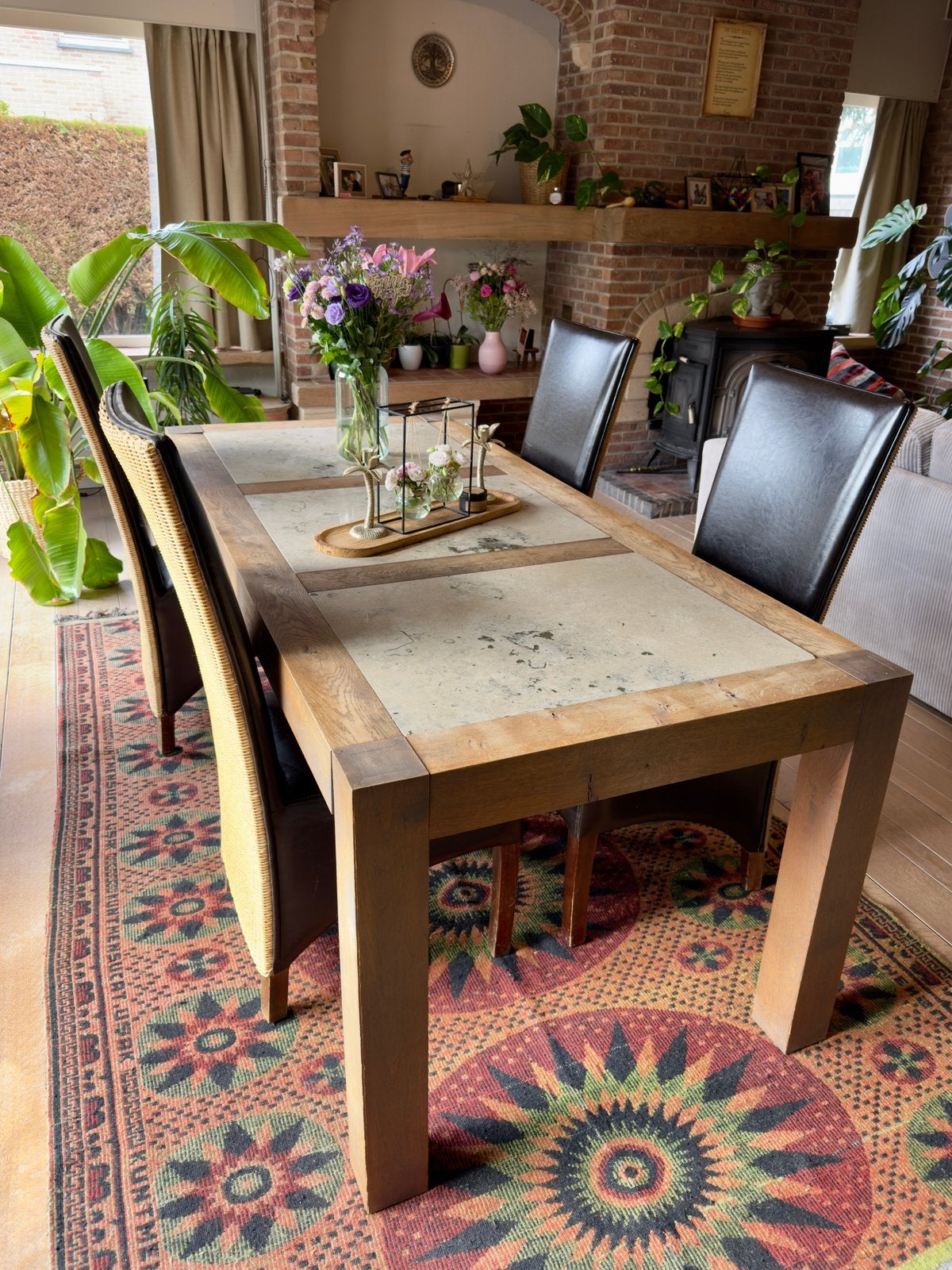 Eik+marmer meubelset eettafel, stoelen, dressoir,vitrinekast, Maison & Meubles, Enlèvement ou Envoi, Utilisé, 6 à 8 chaises