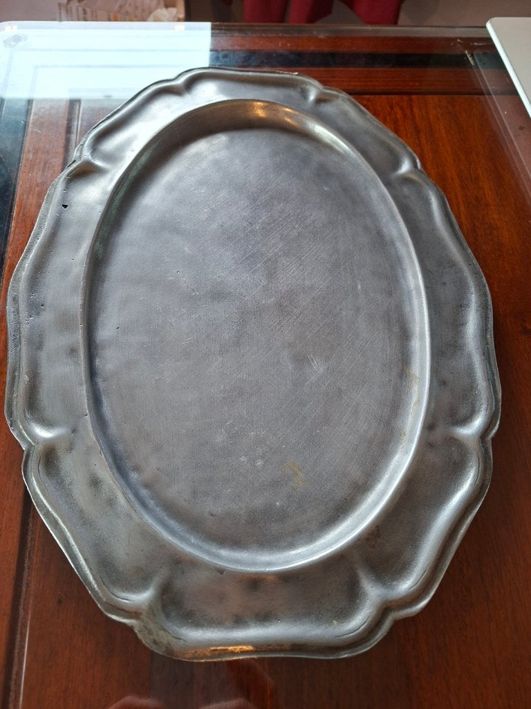 Plateau ancien en étain – 36 x 27 cm – poinçonné - 1245 gr, Coins arrondis, Enlèvement, Utilisé, Autres matériaux
