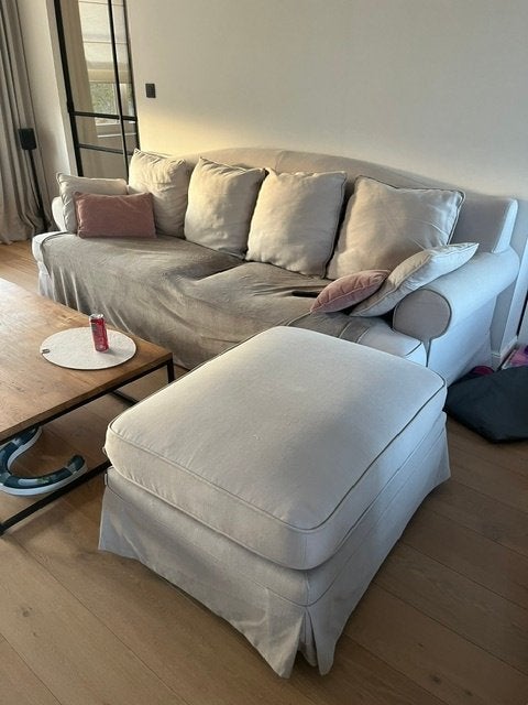 Landelijke zetel + poef – 2,75 m – landelijke stijl, Huis en Inrichting, Zetels | Zetels, Ophalen, 250 tot 300 cm, Gebruikt, 75 tot 100 cm